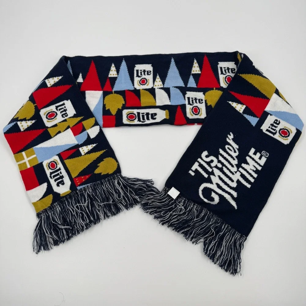 Miller Lite Tis Miller Time Knit Holiday Scarf Navy Blue Beer Can Fringe A1387‎